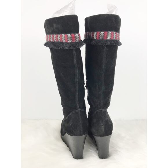 DVF Diane Von Furstenberg Black Suede Leather Knee High Wedge Boots - Picture 4 of 11